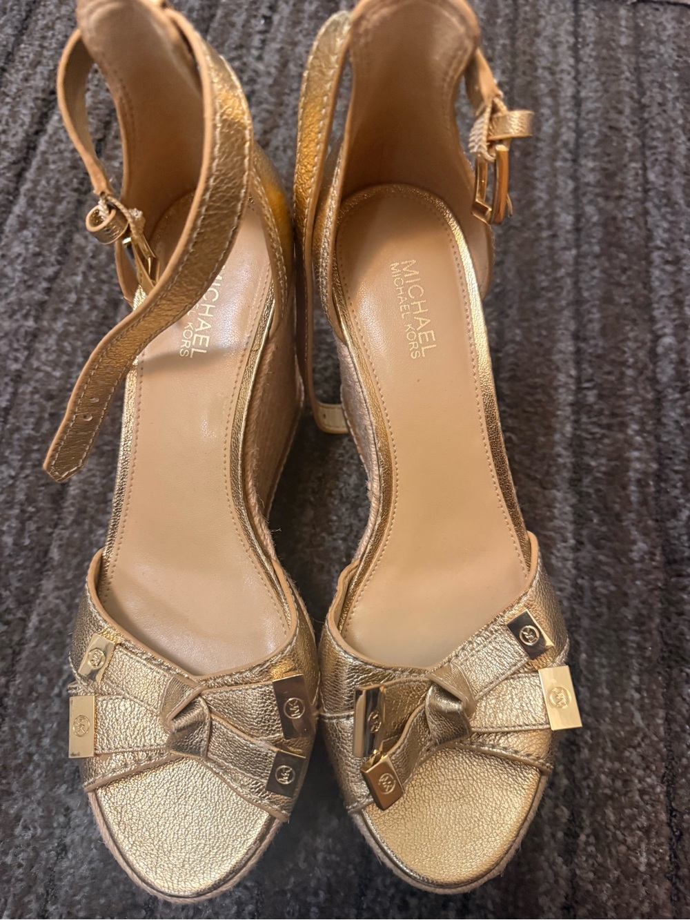 Michael Kors Metallic Gold Wedge Sandals with Bow Detail